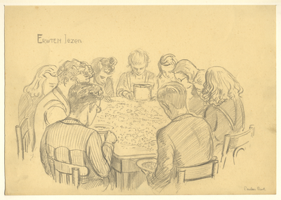 39689 Portret van een groep mannen en vrouwen rond een tafel bezig met het sorteren van erwten in de uitdeelpost ...